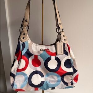 Coach Multicolor Circle-Print Shoulder Bag with Beige Trim